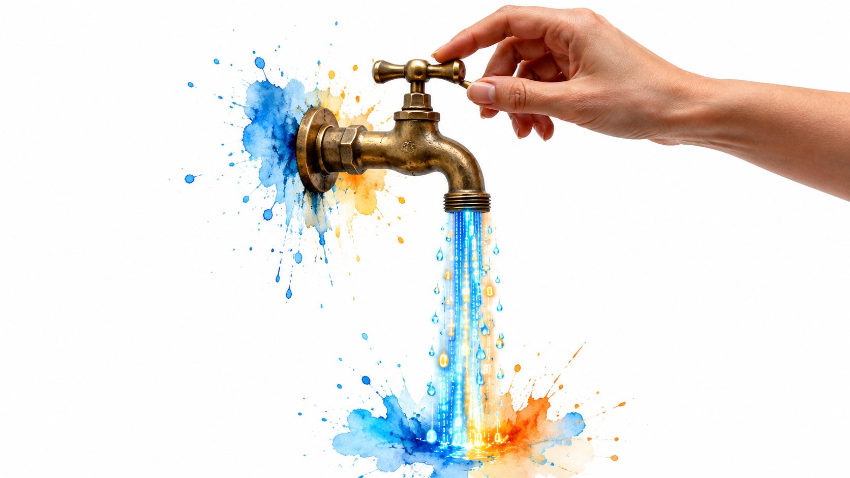 A hand turns on a vintage faucet pouring digital binary code as water into colorful paint splashes.