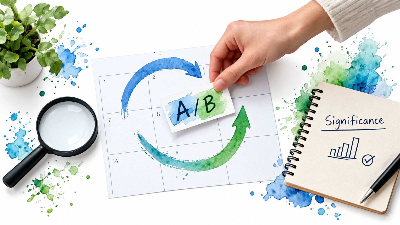A hand placing an A/B testing card on a calendar with a magnifying glass and notebook nearby.