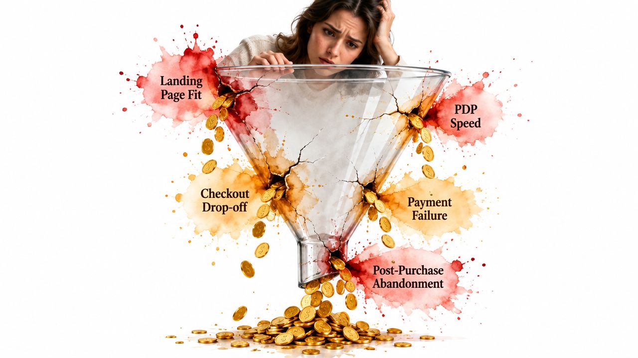 A concerned woman peering over a broken sales funnel illustrating lost revenue and common e-commerce friction points.