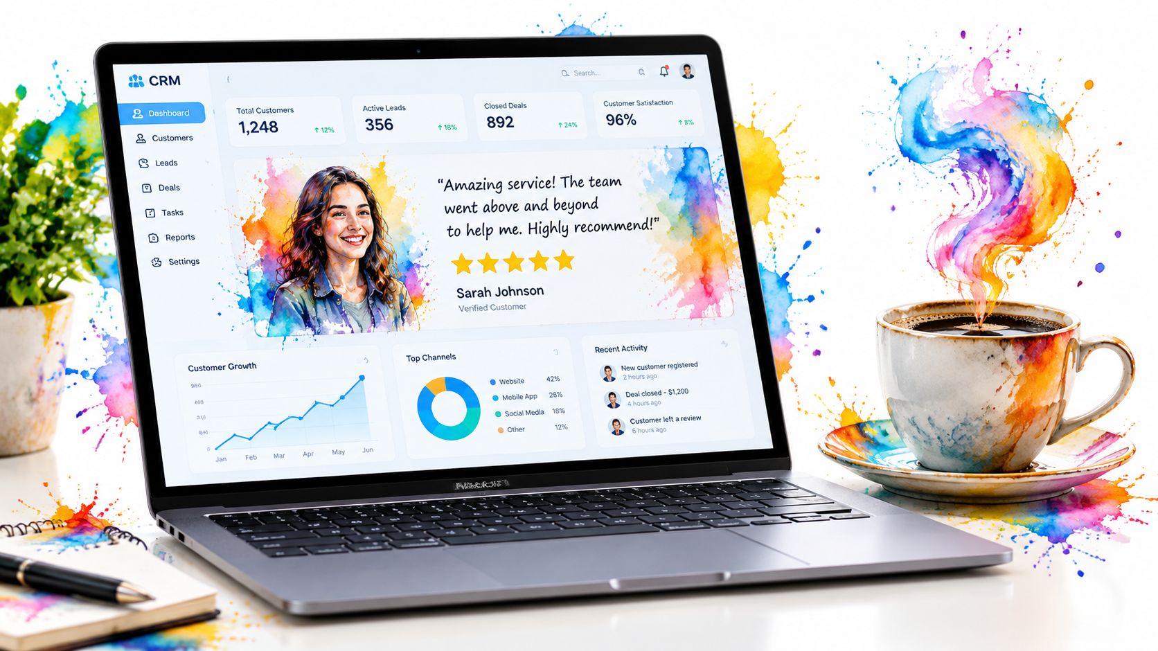 A modern laptop displaying a colorful CRM dashboard, surrounded by artistic watercolor splashes, a cup of coffee, and a notebook.