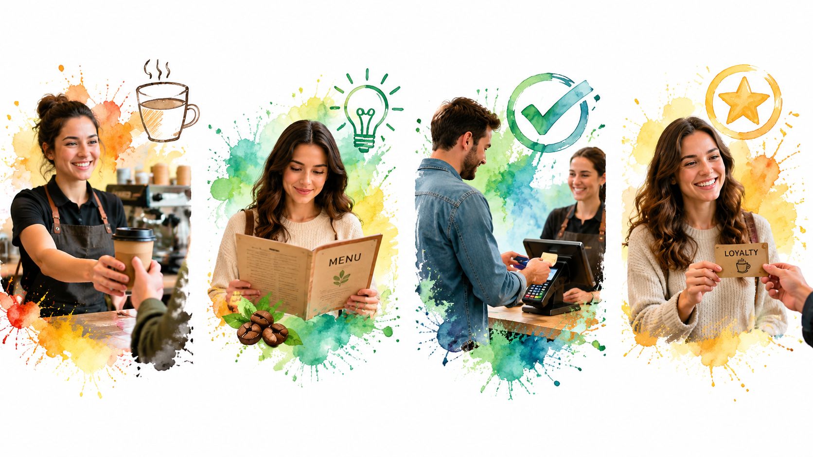 A collage showing a customer journey from ordering coffee and reading a menu to paying and loyalty.