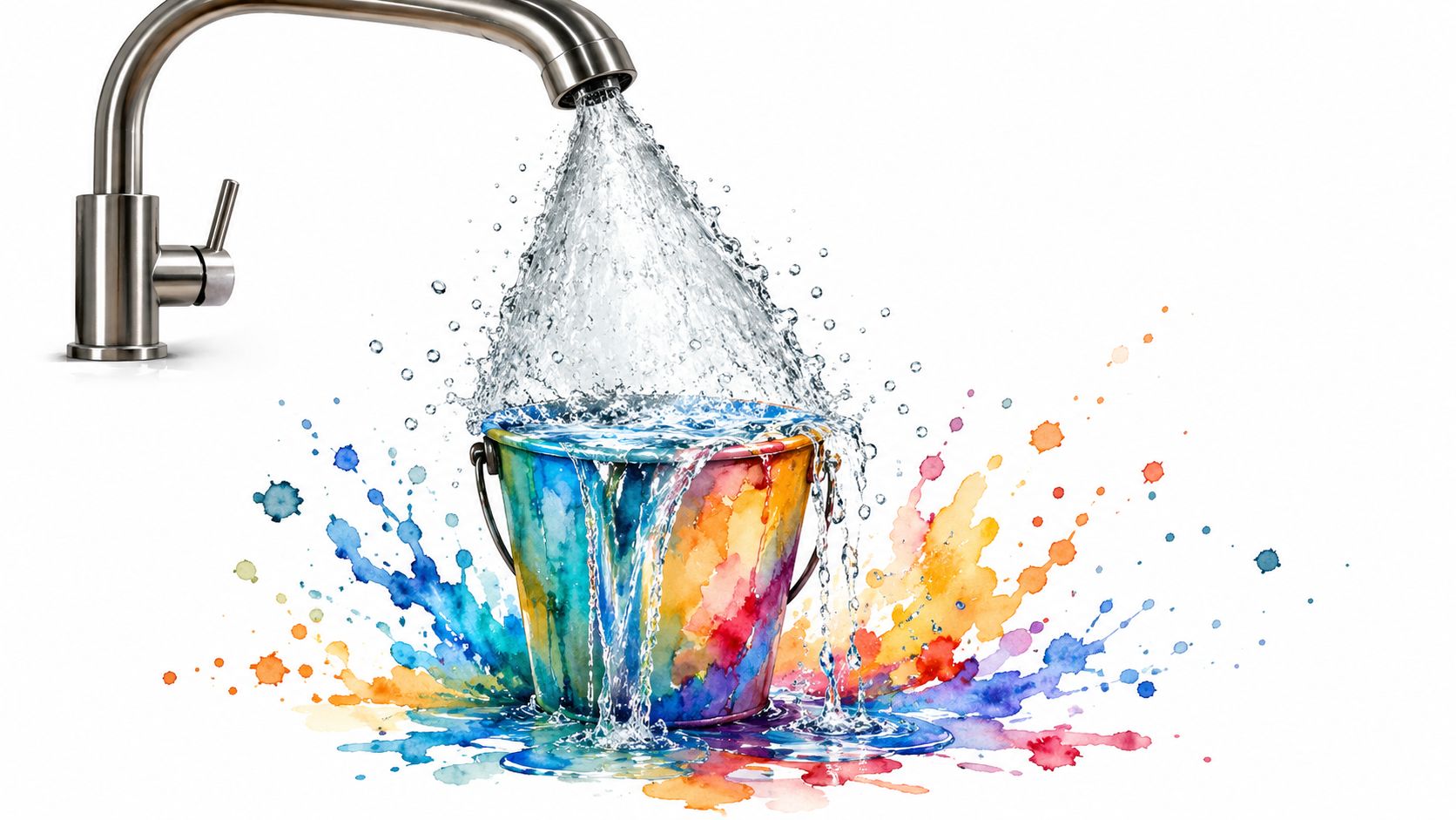 A watercolor bucket overflowing with water from a stainless steel kitchen faucet on a white background