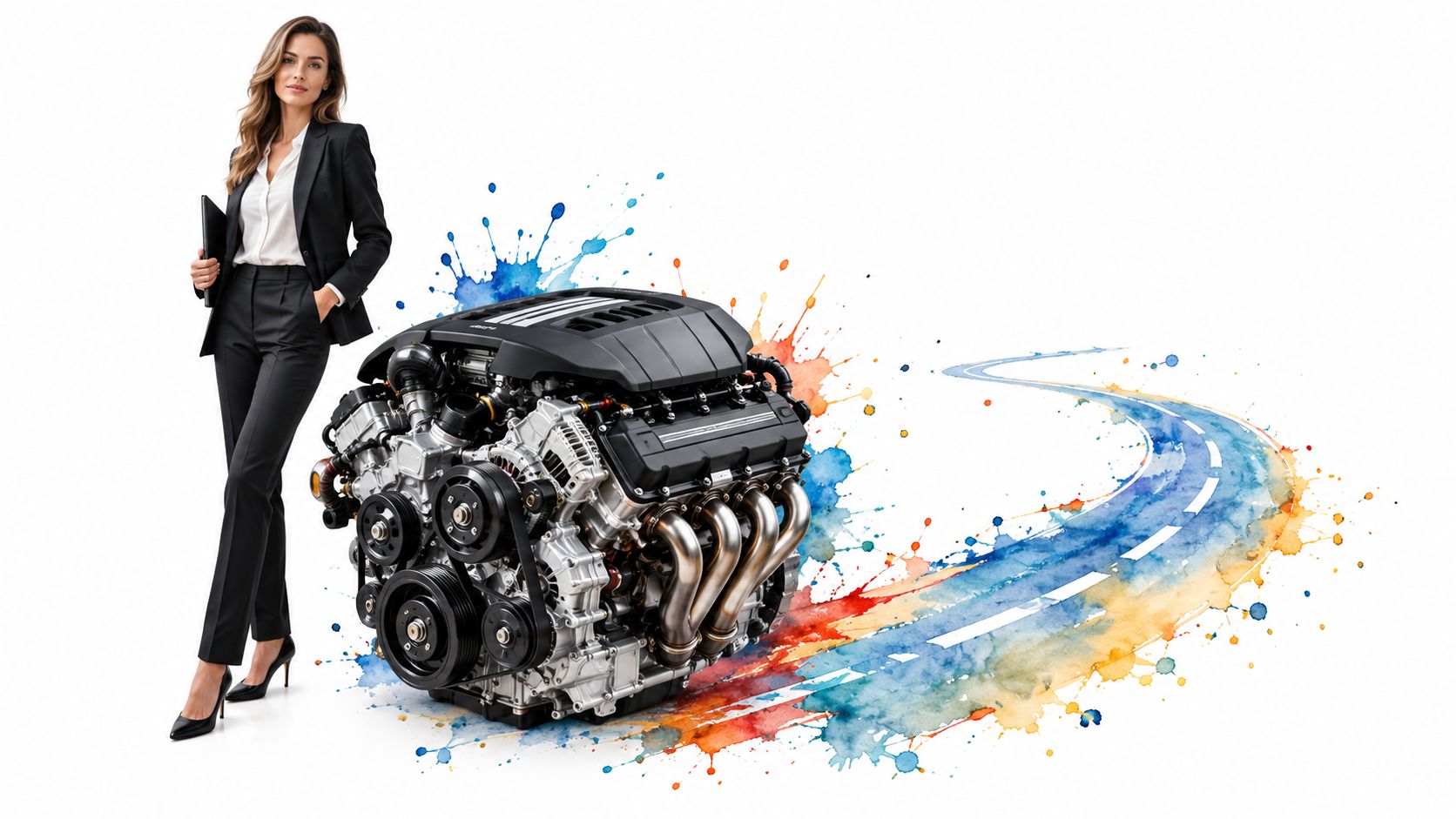 A professional businesswoman standing beside a high-performance car engine with artistic watercolor road paint splashes.