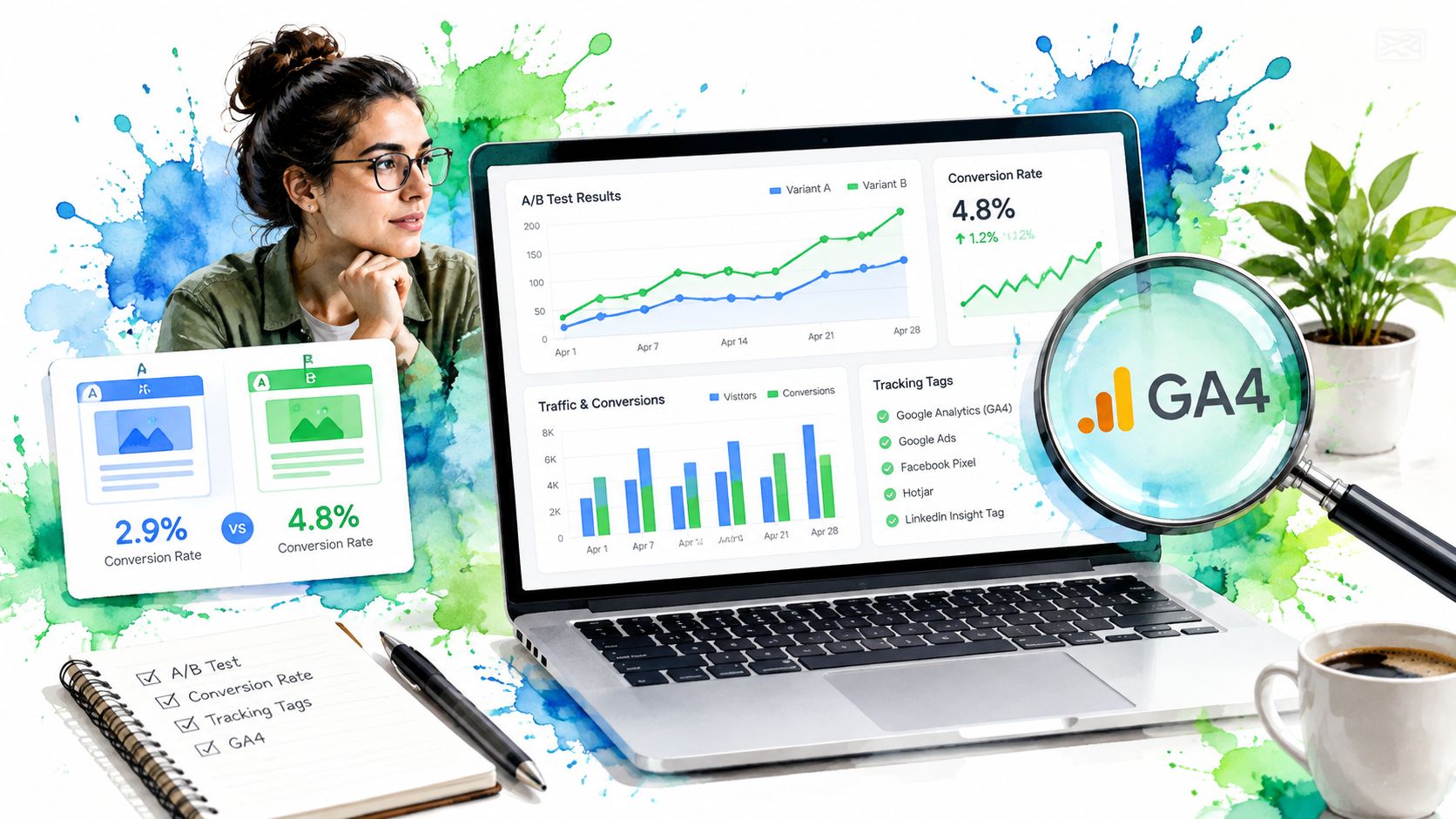 A professional analyzing A/B test results and conversion rates on a laptop with GA4 analytics data visualized.