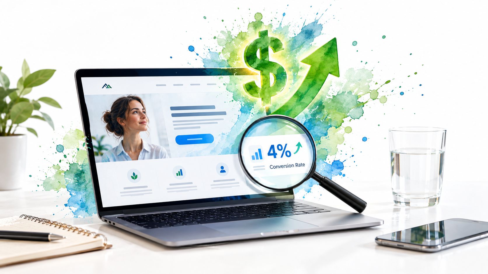 A laptop on a desk showing landing page analytics with a magnifying glass highlighting conversion rate growth.
