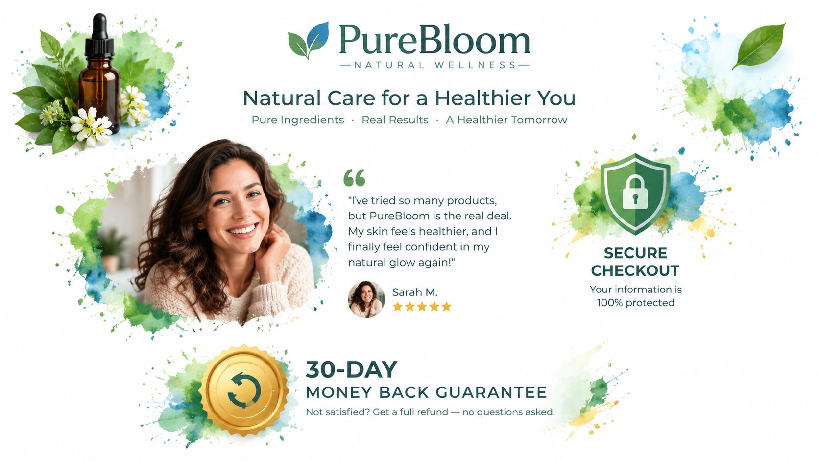 PureBloom landing page banner highlighting natural wellness products, customer testimonials, secure checkout, and a money back guarantee.