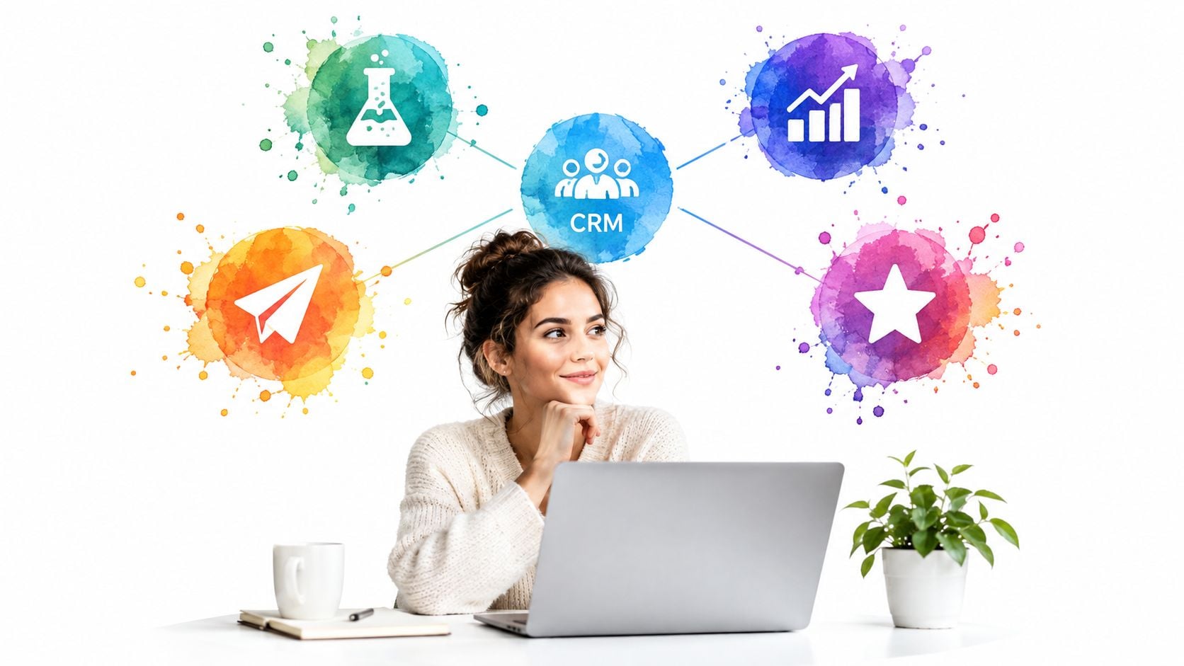A young woman sits at a desk with a laptop, visualizing CRM growth hacking concepts and icons.