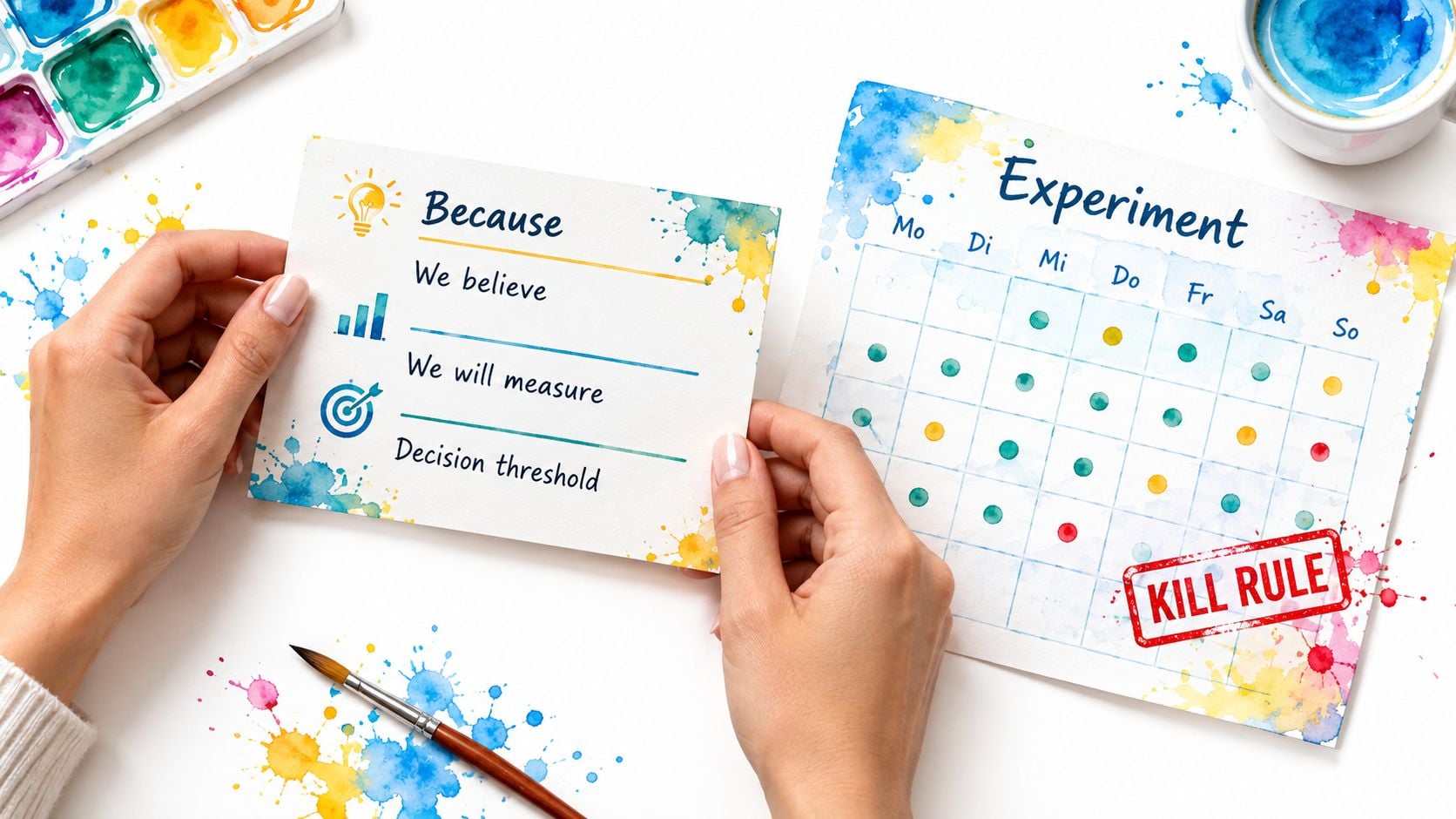 A person holding cards about startup experimentation with a watercolor aesthetic showing a calendar and kill rule.