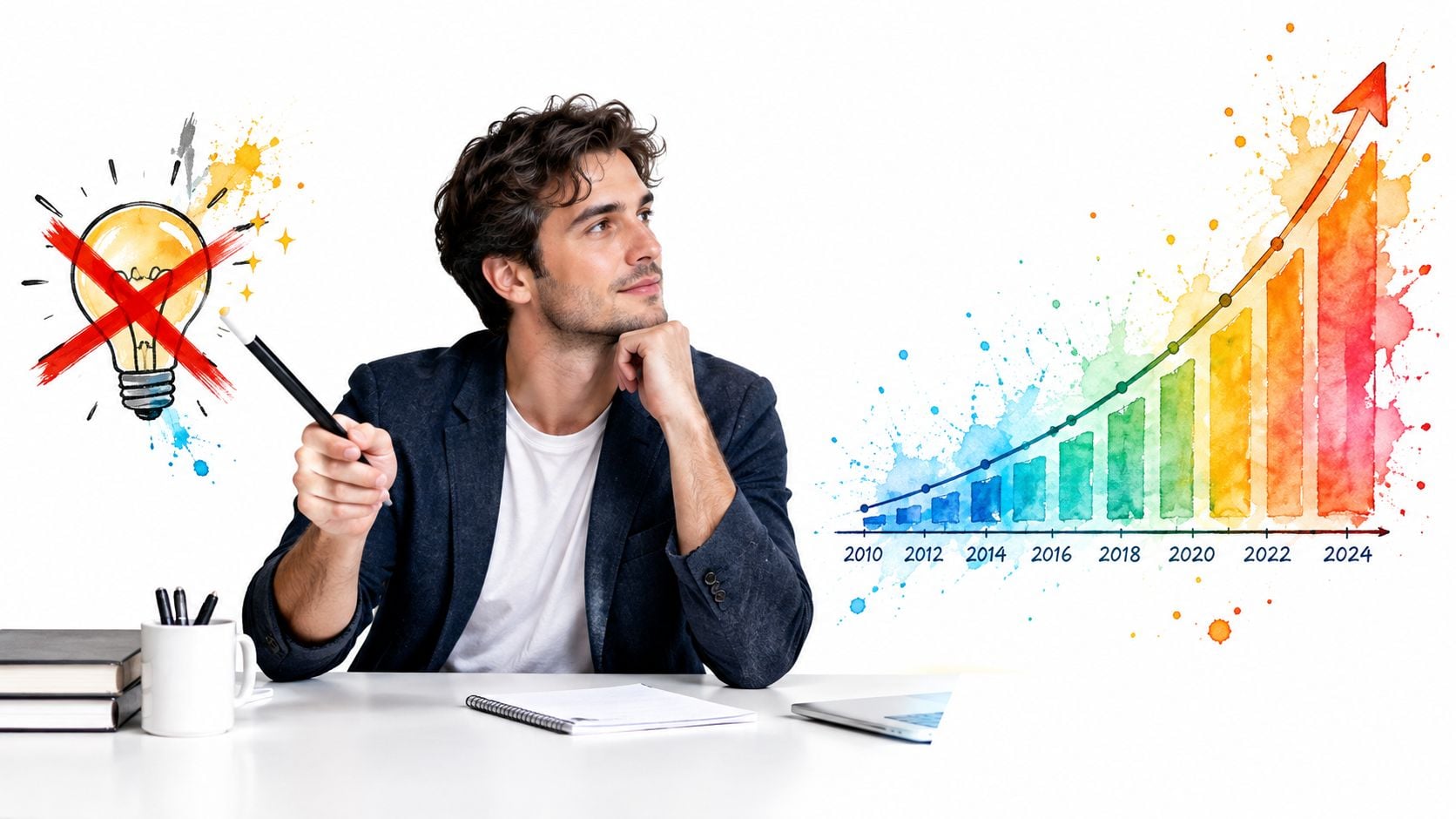 A professional man at a desk pointing toward an upward trending watercolor growth chart.
