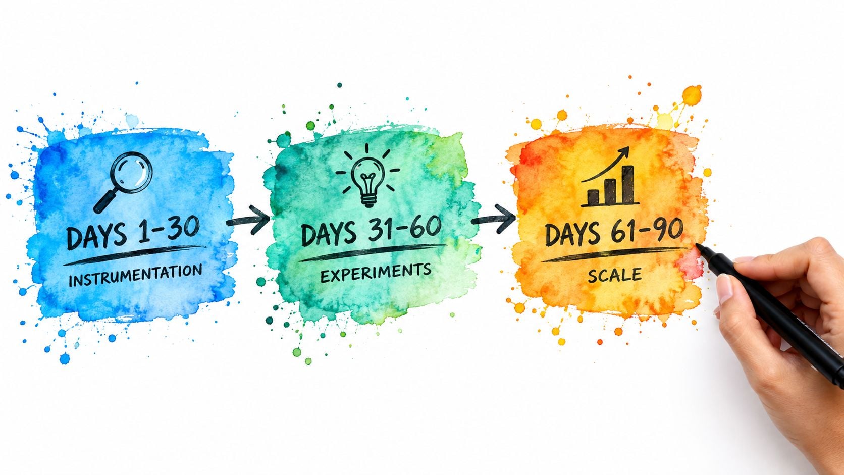 A diagram illustrating a three-stage business growth strategy covering 90 days for startups.