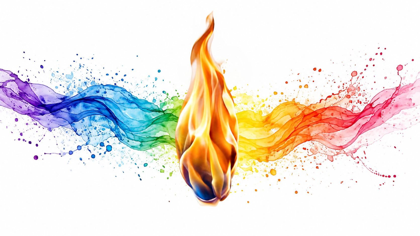 A vibrant artistic representation featuring a central flame surrounded by colorful watercolor splashes and flowing waves.