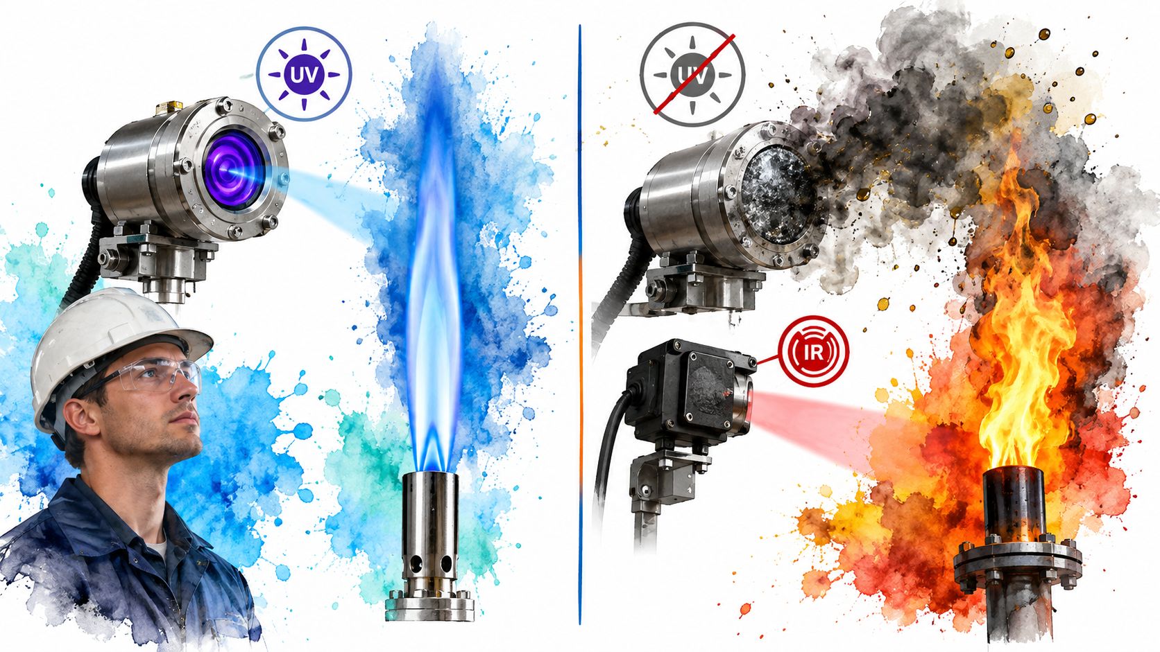 A split-screen illustration showing ultraviolet and infrared sensors monitoring industrial gas flames in an industrial setting.