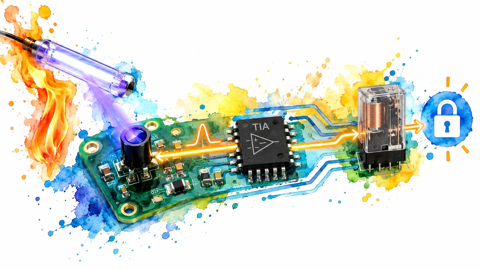 A digital illustration showing a flame sensor capturing light, processed by an amplifier and triggering a relay.