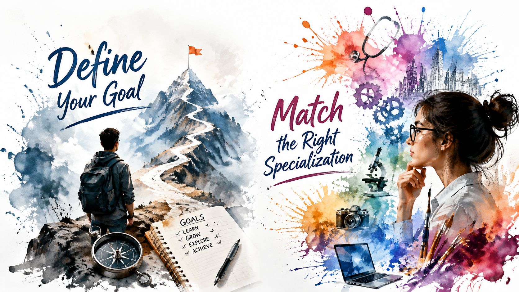 A split image representing goal setting with a mountain hiker and career specialization with a creative professional.