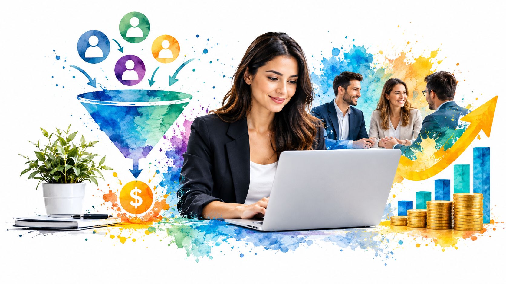 A professional woman working on a laptop with business conversion and growth strategy visualization graphics
