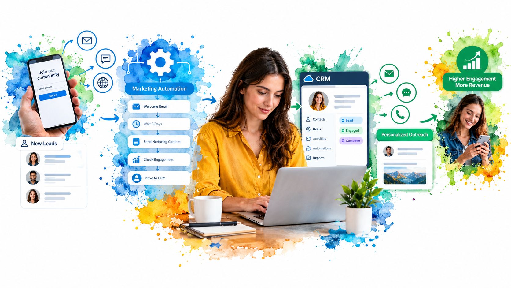 A woman working on a laptop showcasing a digital workflow of marketing automation and CRM integration processes.