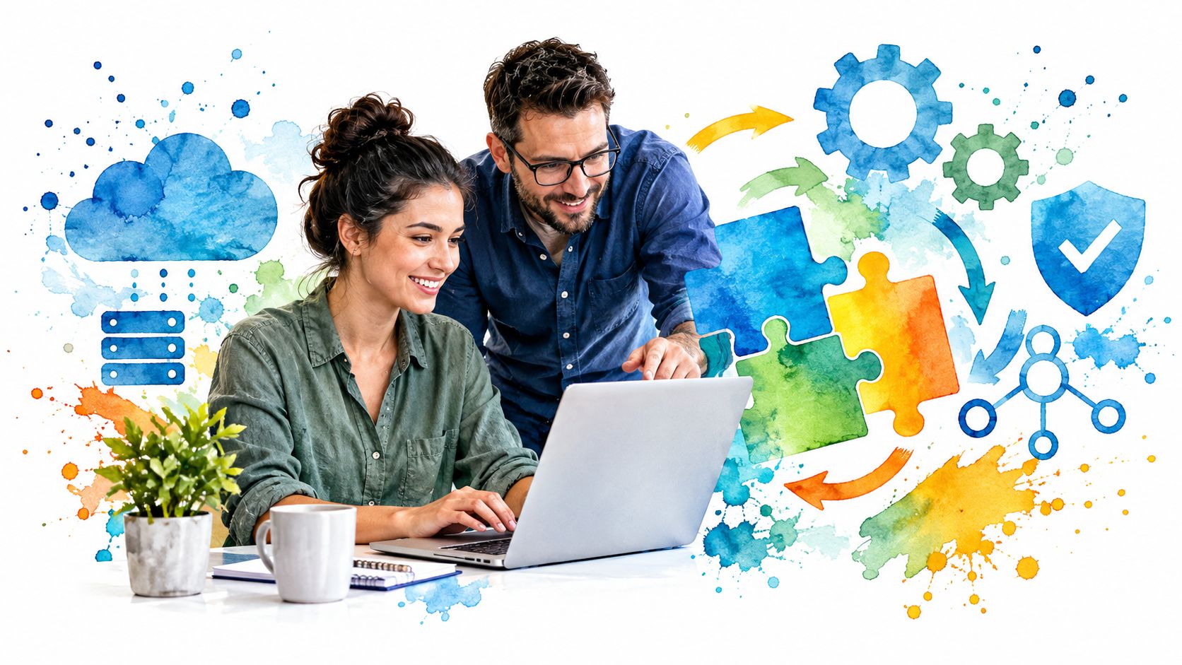 A professional man and woman collaborating on a laptop, surrounded by colorful abstract tech and business icons.