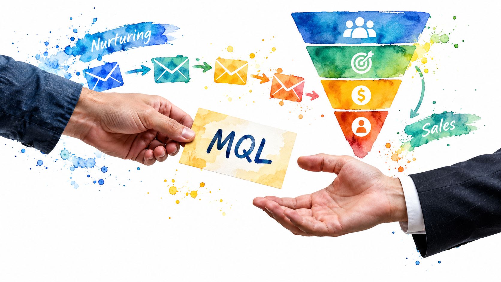 Two business professionals handing over an MQL note card, representing the transfer of marketing qualified leads.
