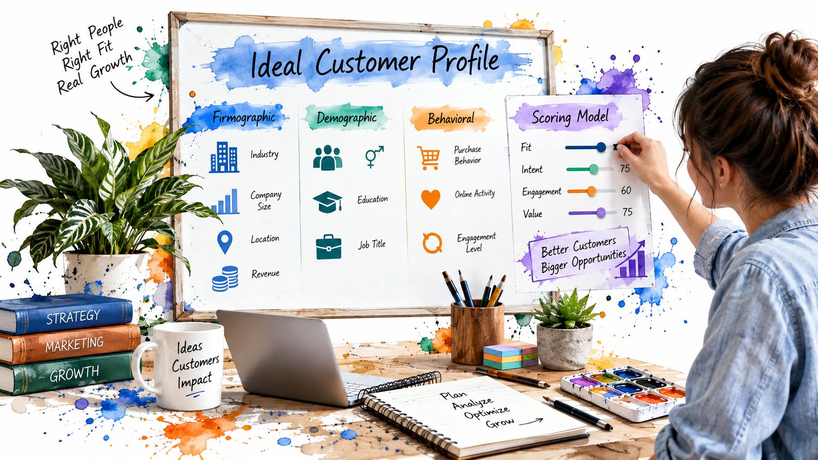 A woman working on an Ideal Customer Profile board with strategy, marketing, and growth marketing concepts.
