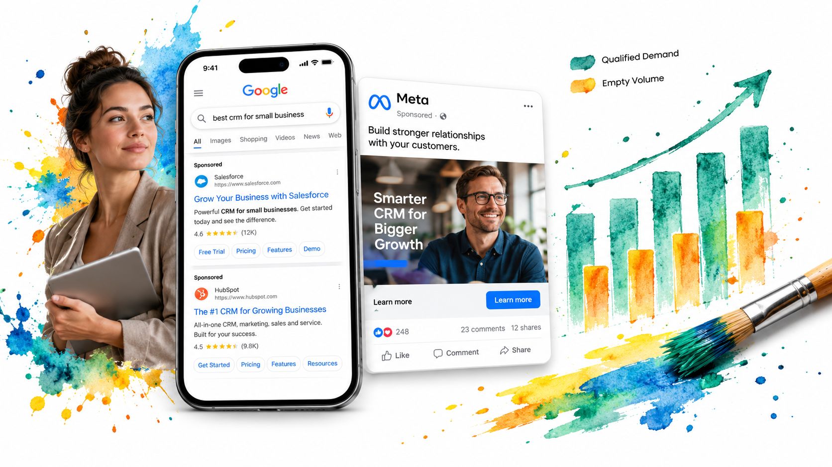 A woman holding a tablet with Google search results and a Meta ad, symbolizing marketing qualified leads.