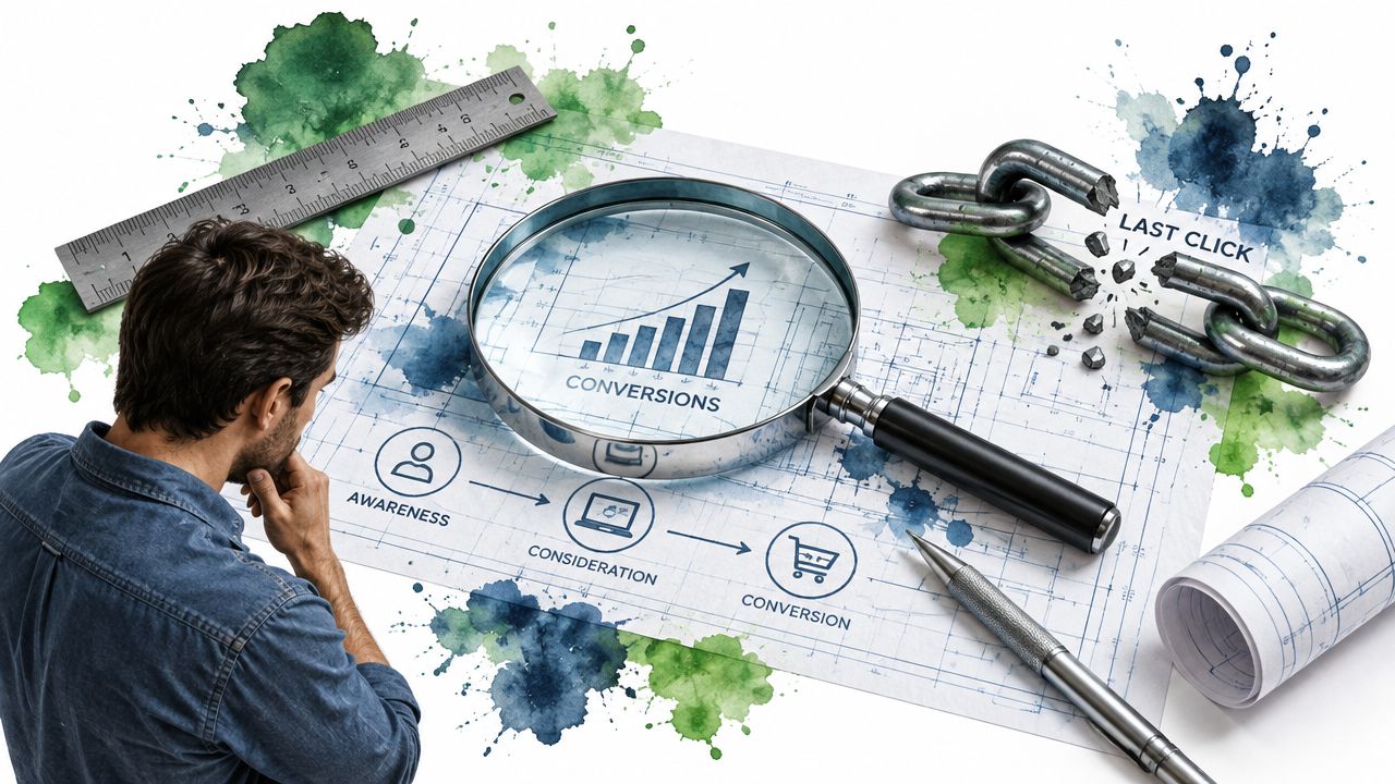 A man examines a marketing blueprint showing a multi-channel campaign with a broken last-click link.
