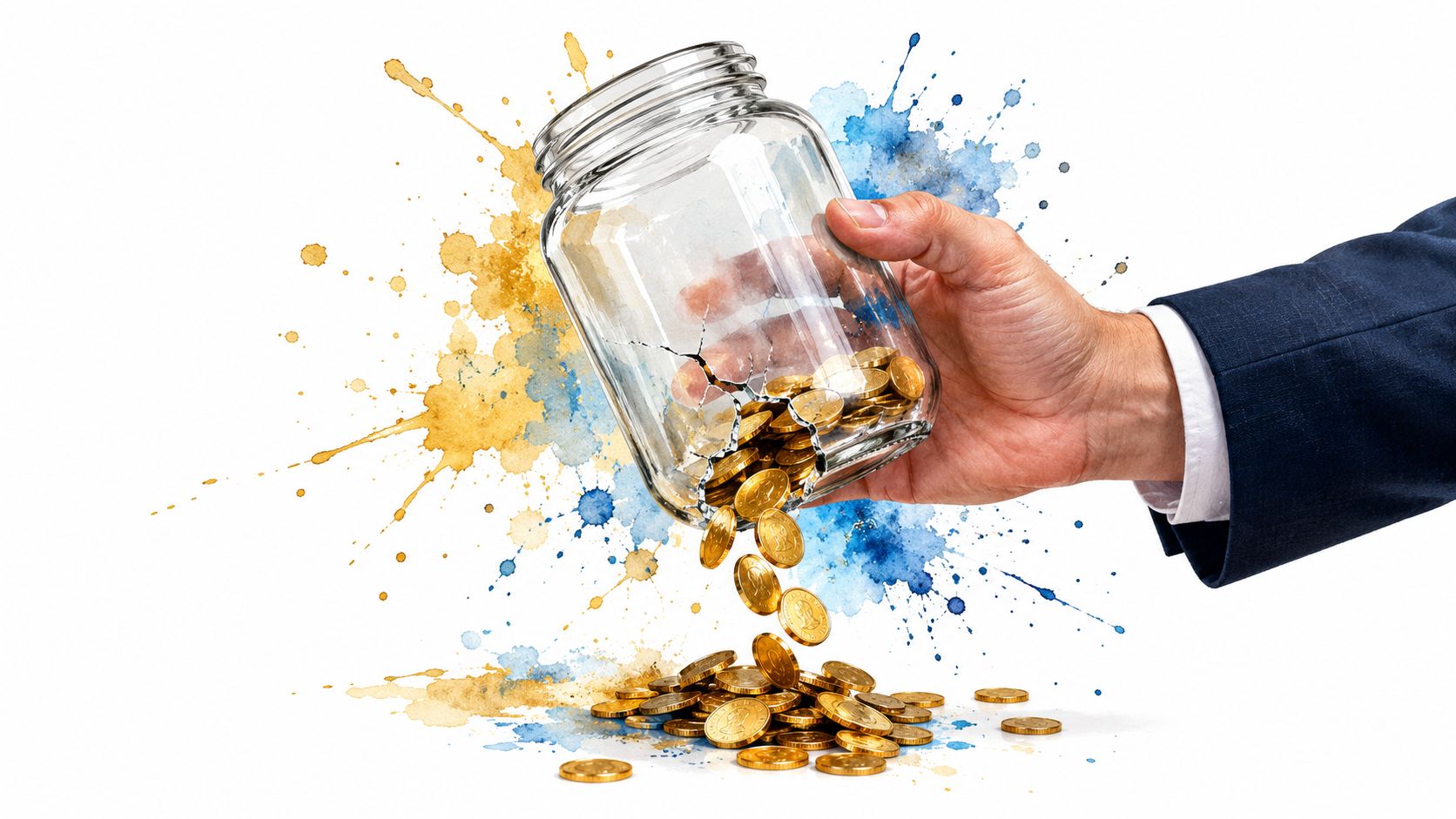 A hand in a business suit holding a cracked glass jar with gold coins spilling out.