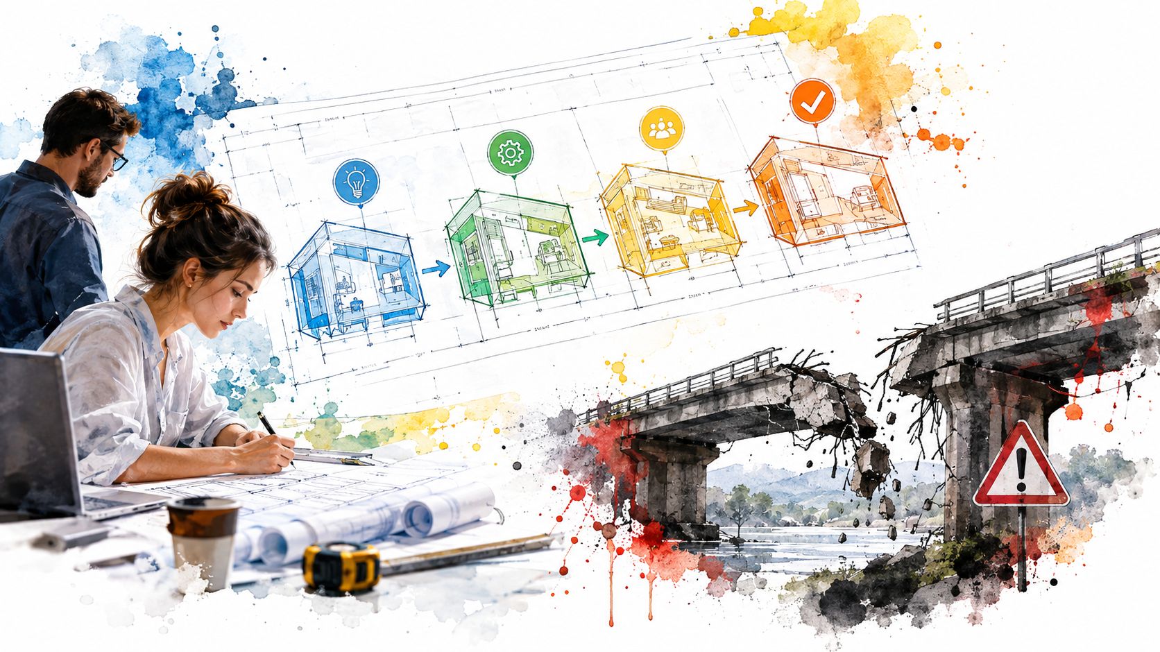 Architects working on blueprints for building design next to an illustration of a damaged bridge infrastructure.