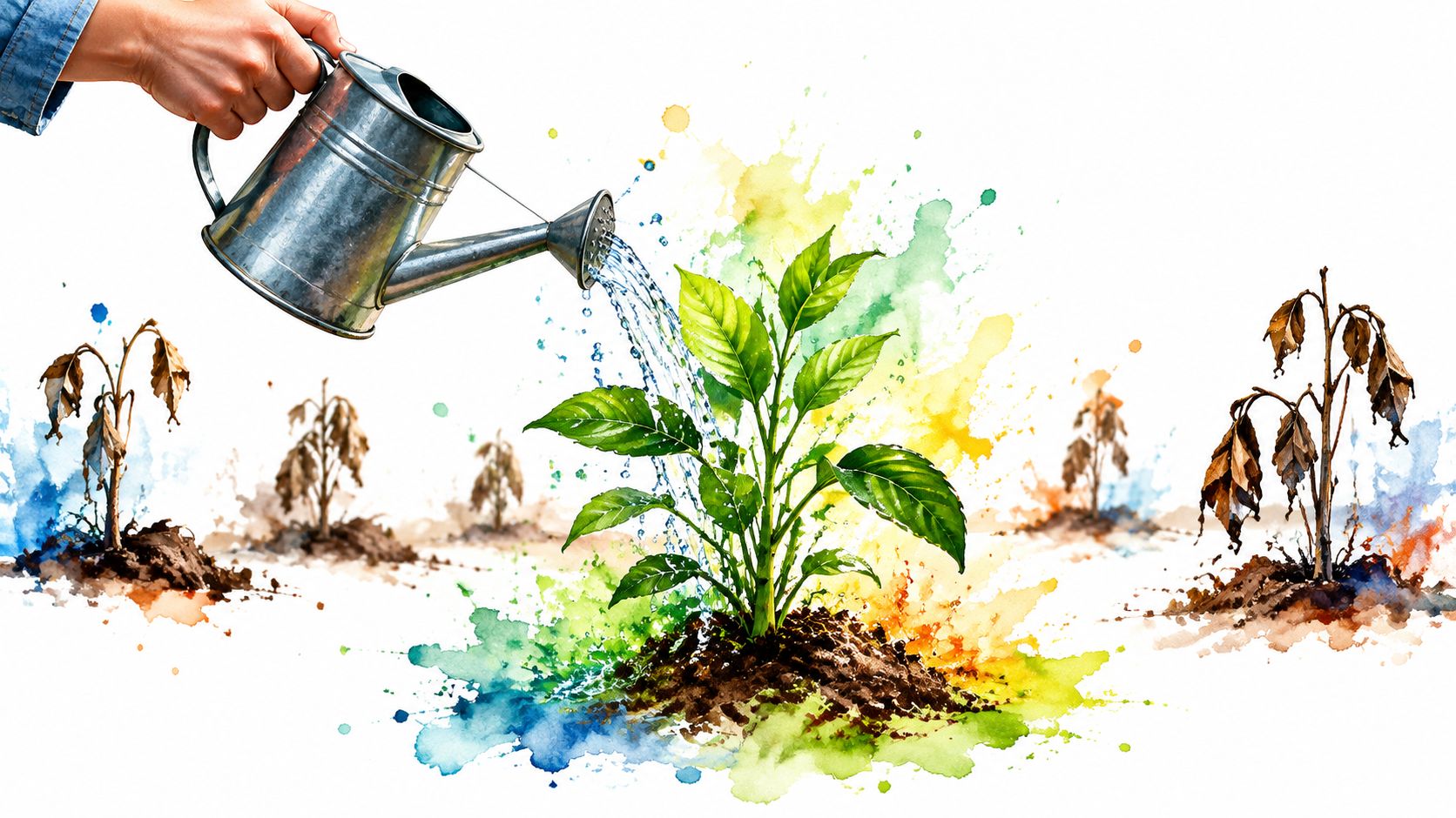 A hand waters a thriving green plant surrounded by withered, dead plants in a vibrant watercolor setting.