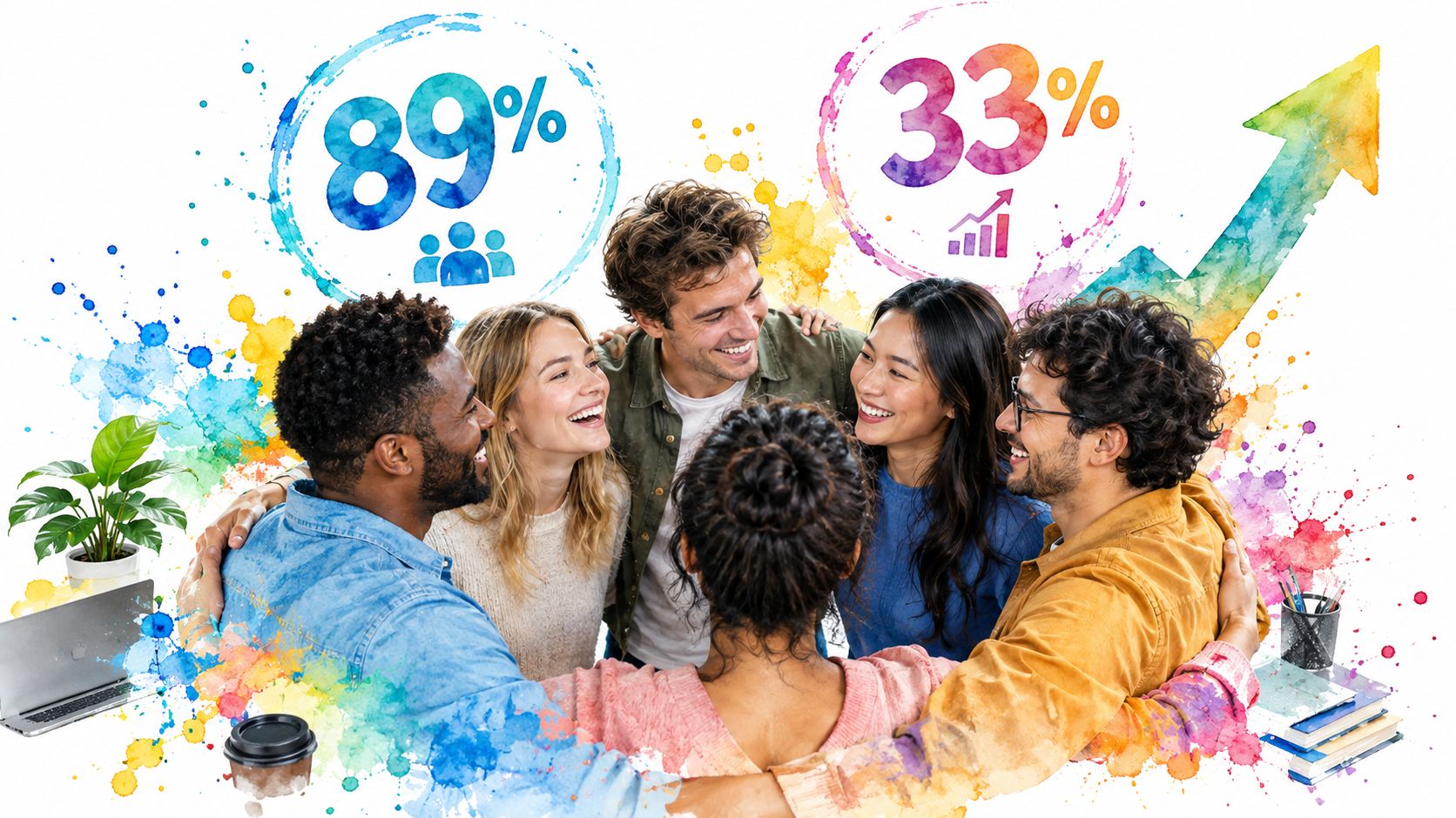 A diverse group of happy professionals huddled together with colorful digital marketing statistics floating above their heads.