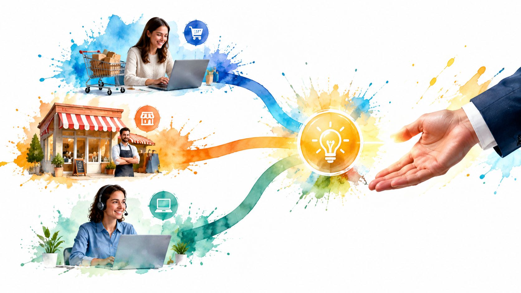 A digital illustration showing three different business channels connecting to a central lightbulb idea being offered by a hand.