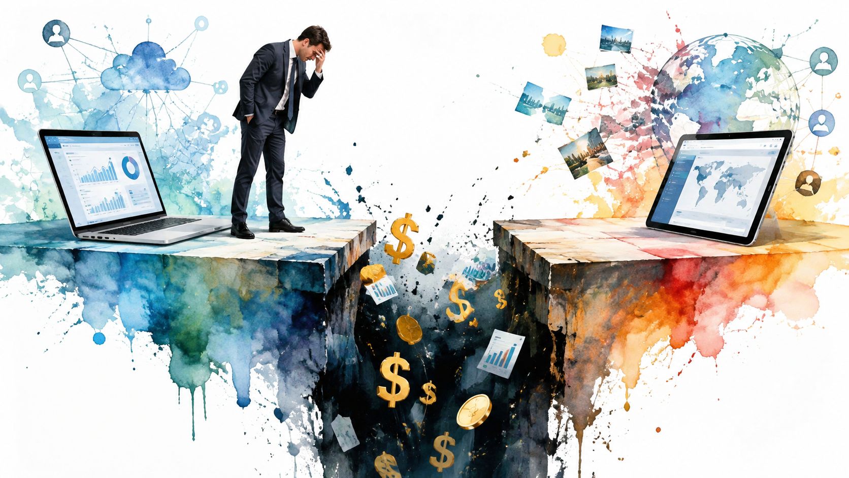 A businessman standing on a digital divide representing the disconnect between analytical data and global marketing.