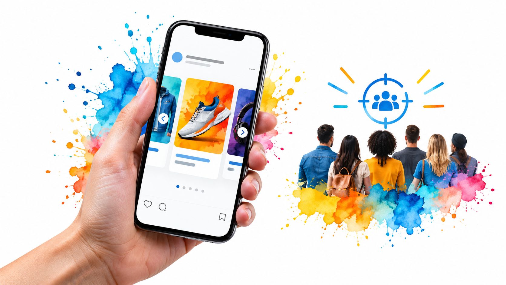 A hand holding a smartphone showing an e-commerce app interface next to people and a target icon.