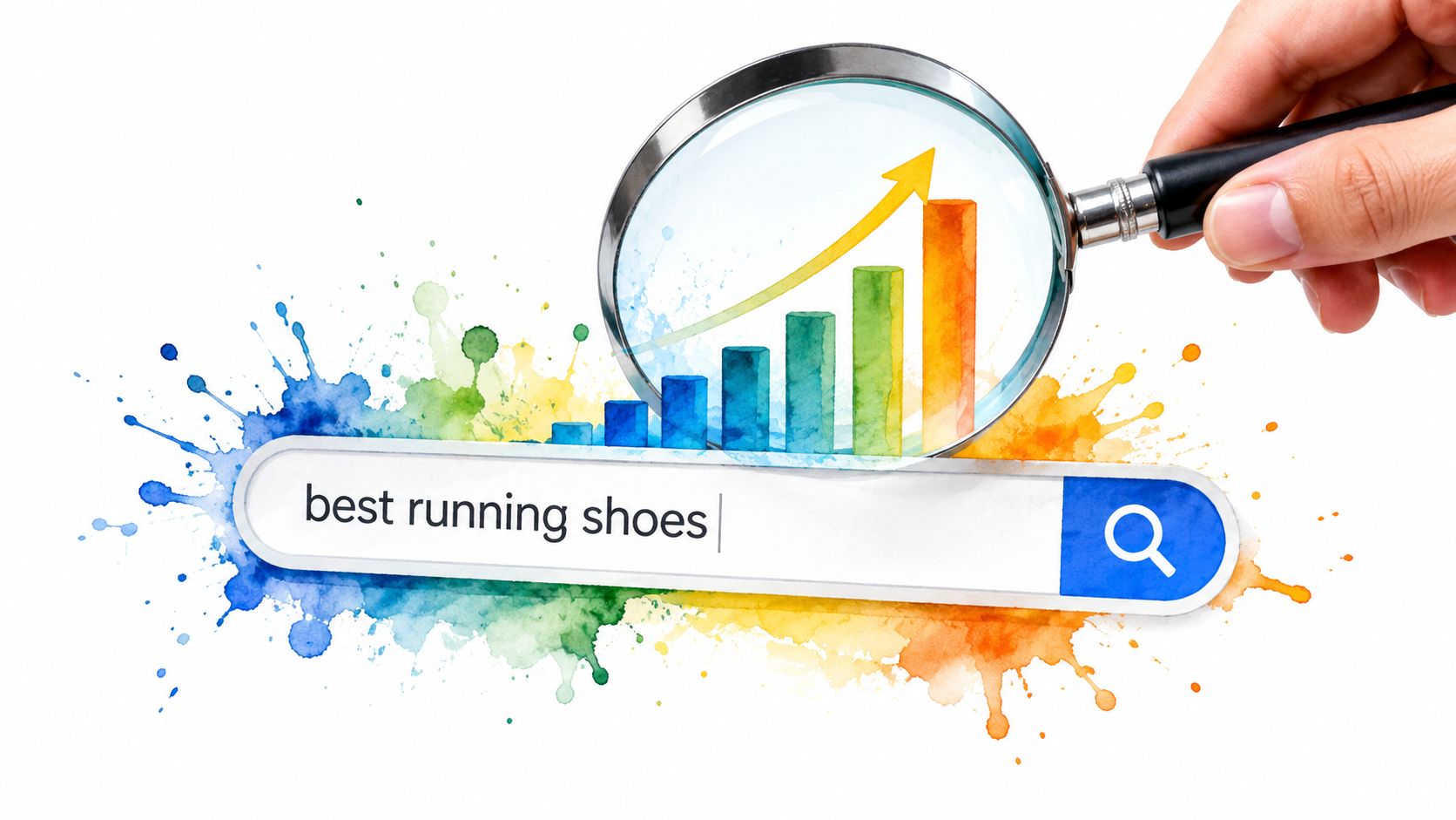 A hand holding a magnifying glass over a search bar with the query best running shoes.