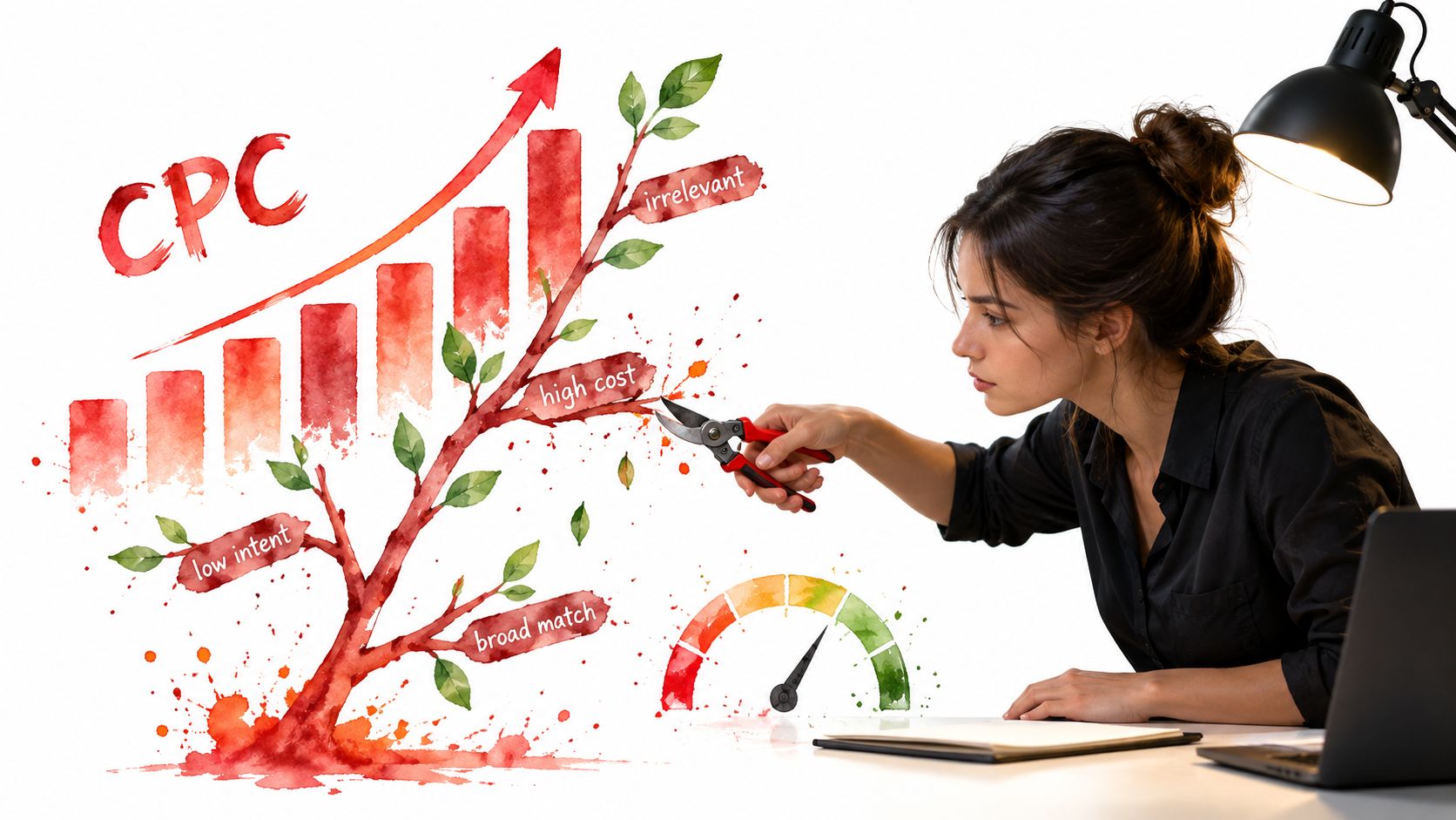 A professional woman cutting branches labeled high cost from a stylized growth chart representing CPC management.