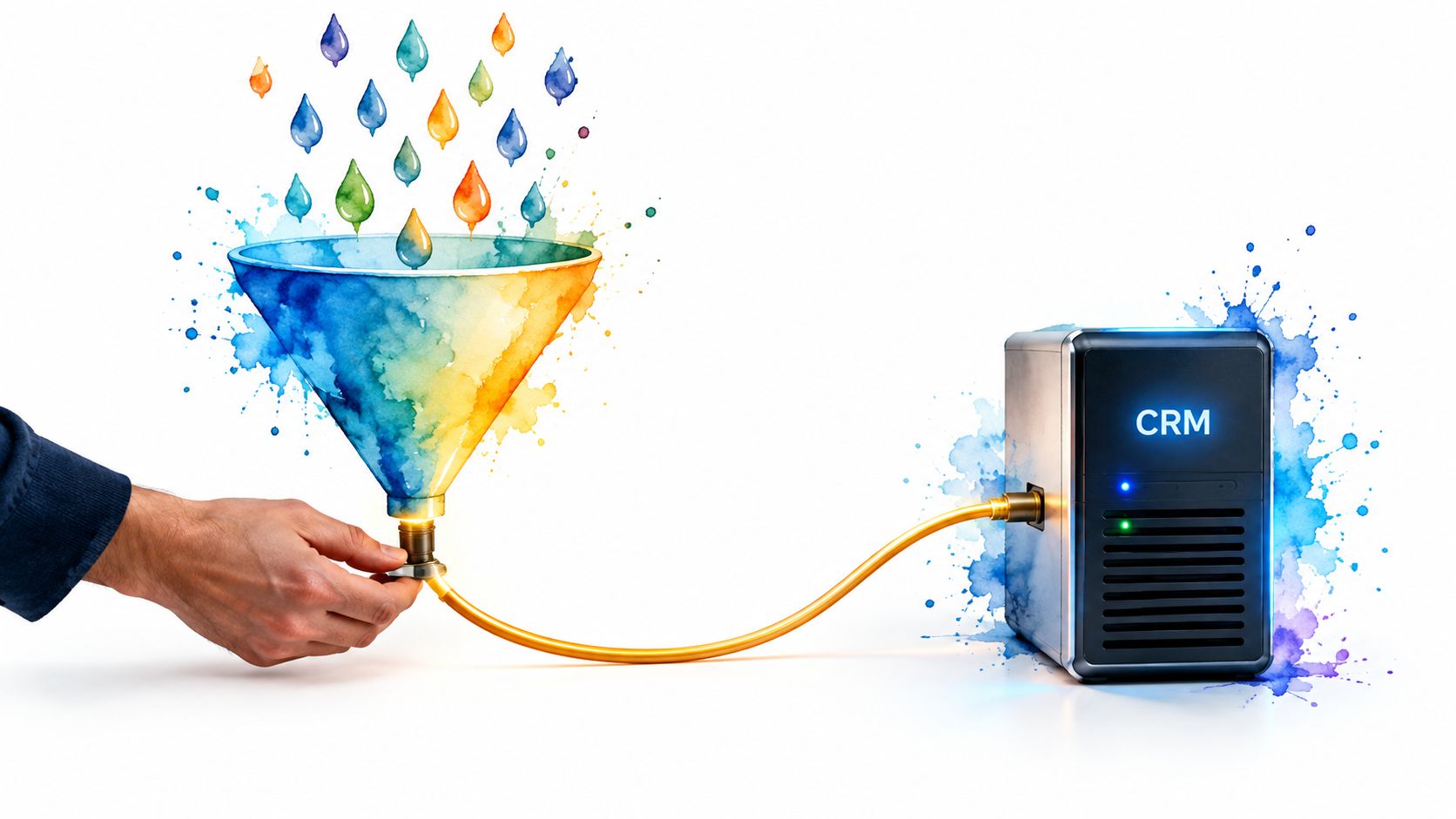 A hand holding a colorful watercolor funnel pouring data drops into a CRM server connected via cable.