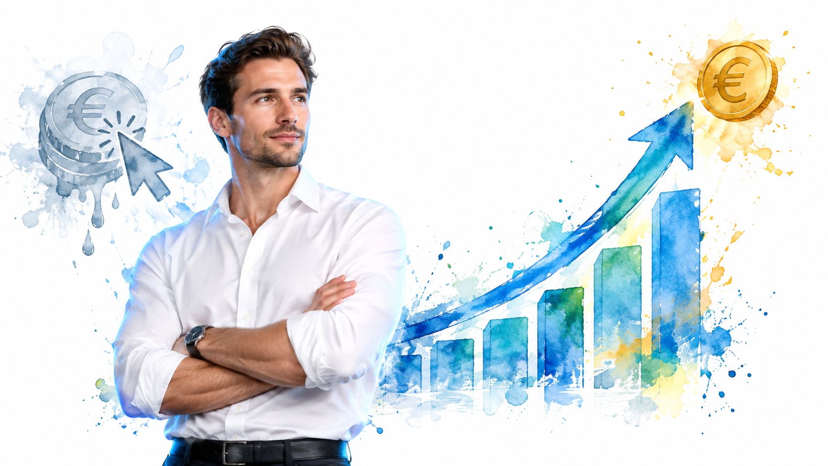 A professional man standing confidently next to a digital chart depicting financial growth and euro currency symbols.