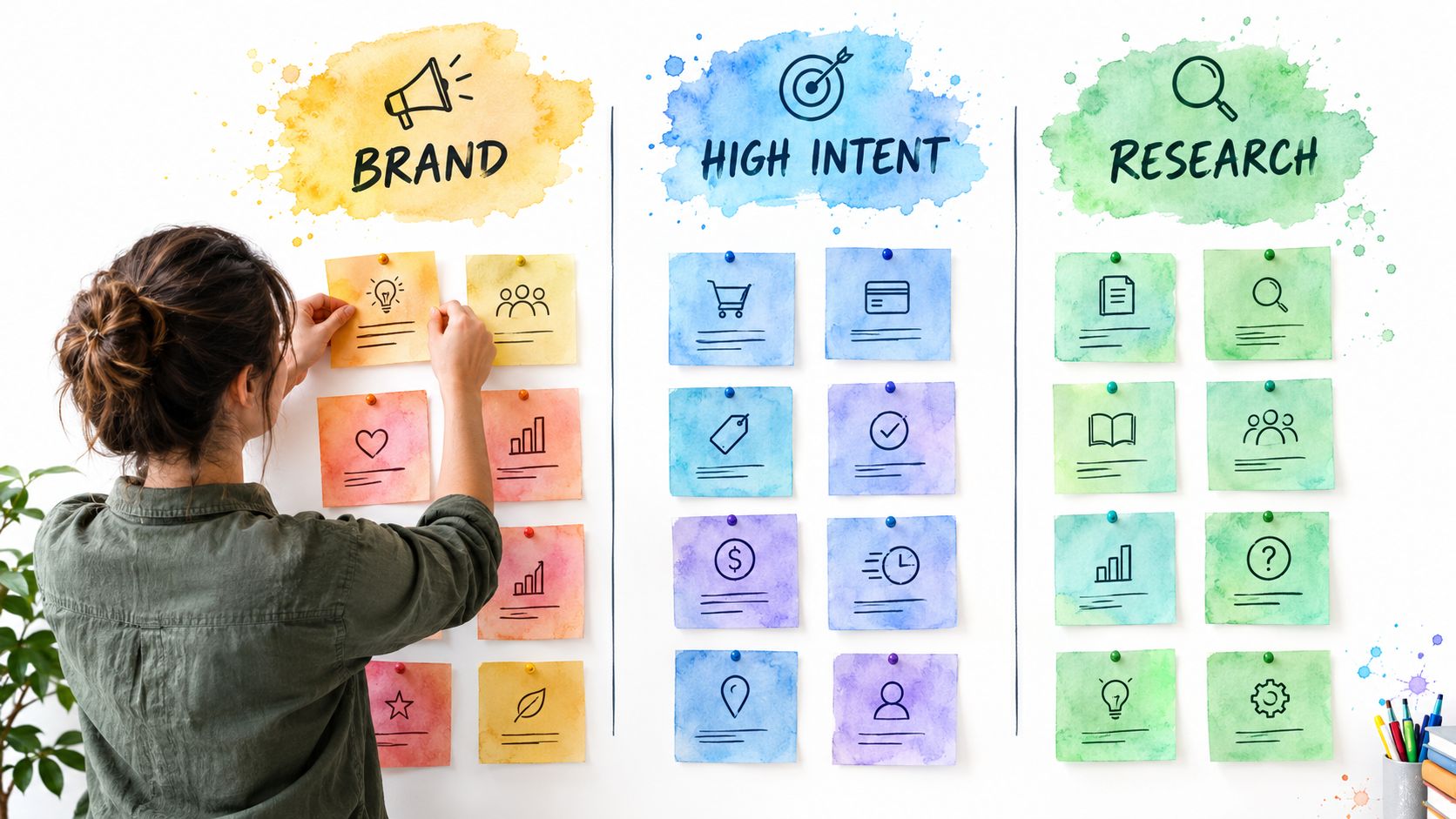 A woman organizes colorful sticky notes on a wall categorized by brand, high intent, and research.