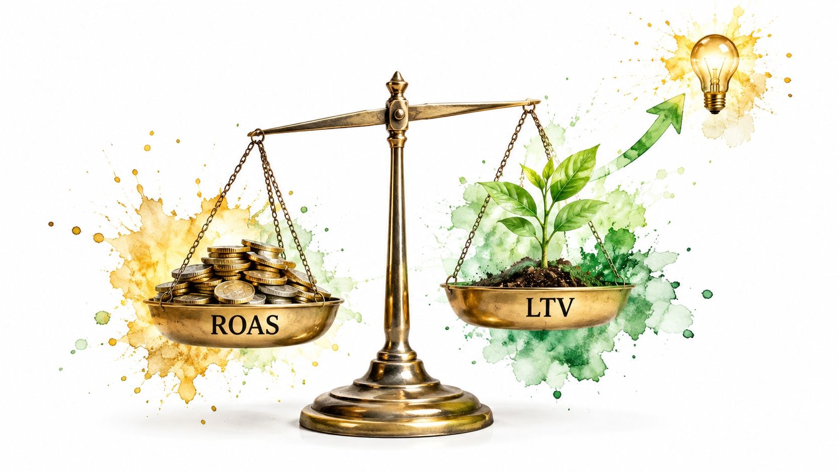 A golden balance scale comparing ROAS coins with LTV plant growth against a white background.