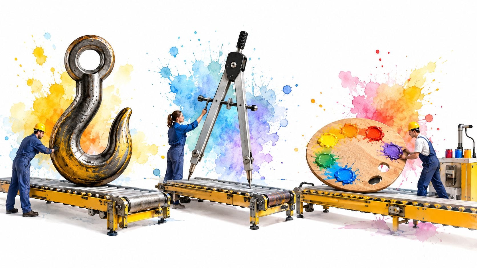 Three workers in blue uniforms operating an industrial assembly line involving a hook, a compass, and paints.