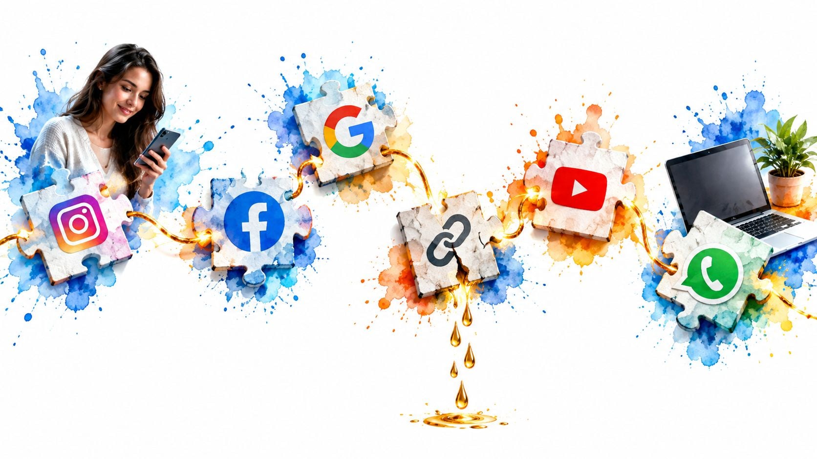 A woman using a smartphone with digital icons representing social media and search engines connected by gold links.