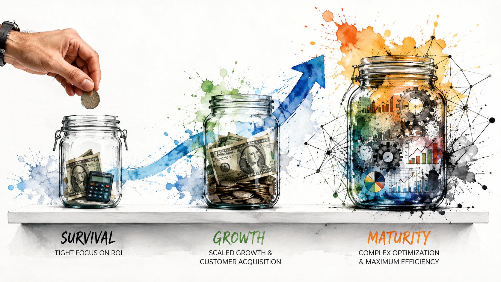 A visual representation of business stages: survival, growth, and maturity depicted by jars with increasing financial content.