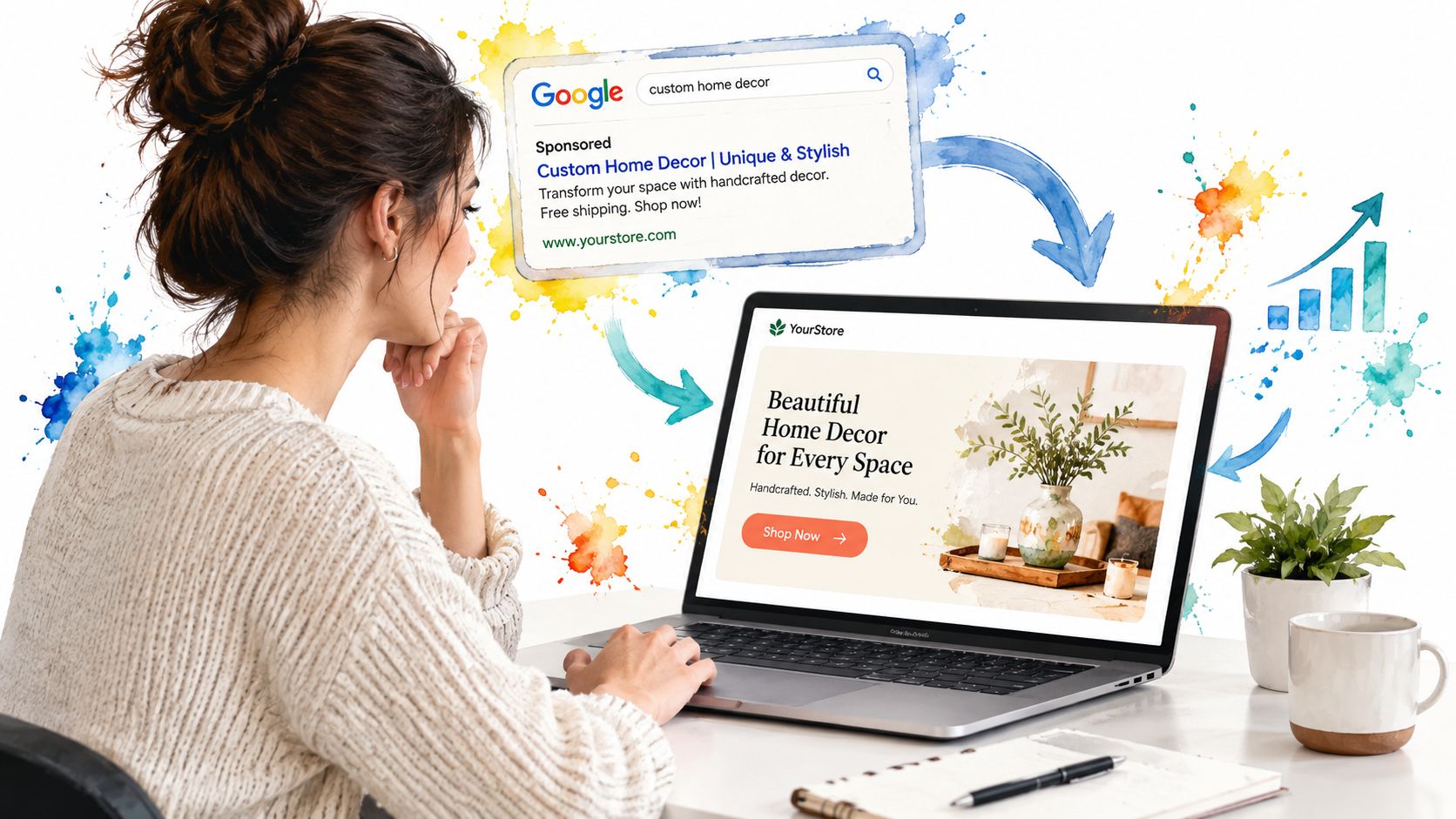 A woman using a laptop to view a website after clicking a Google search advertisement for home decor.