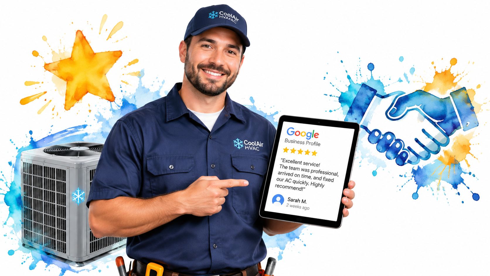 A friendly HVAC technician holding a tablet displaying a positive five-star customer review for lead generation.