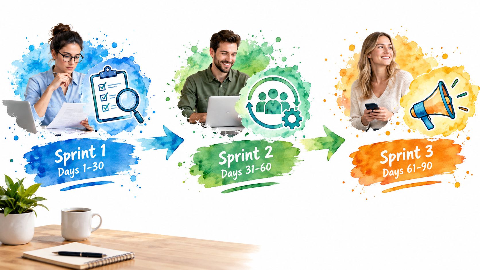 A visual timeline showing a three-sprint business growth strategy process from research to team building and promotion.