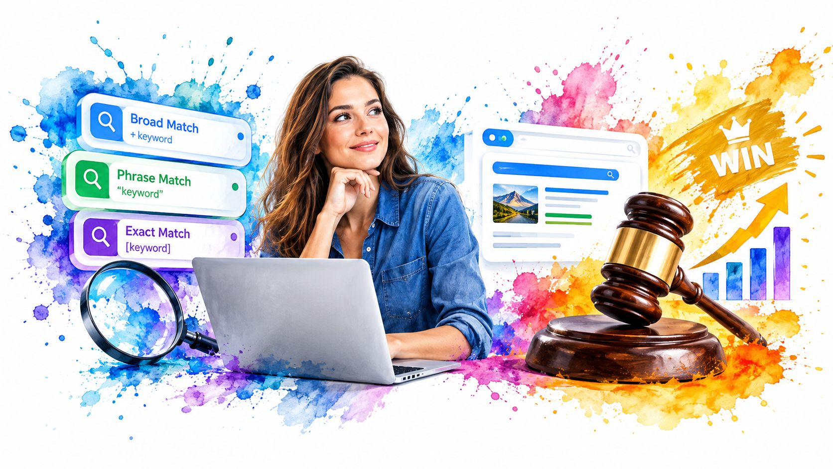 A businesswoman sitting at a laptop with keyword match options, a magnifying glass, and a judge's gavel.
