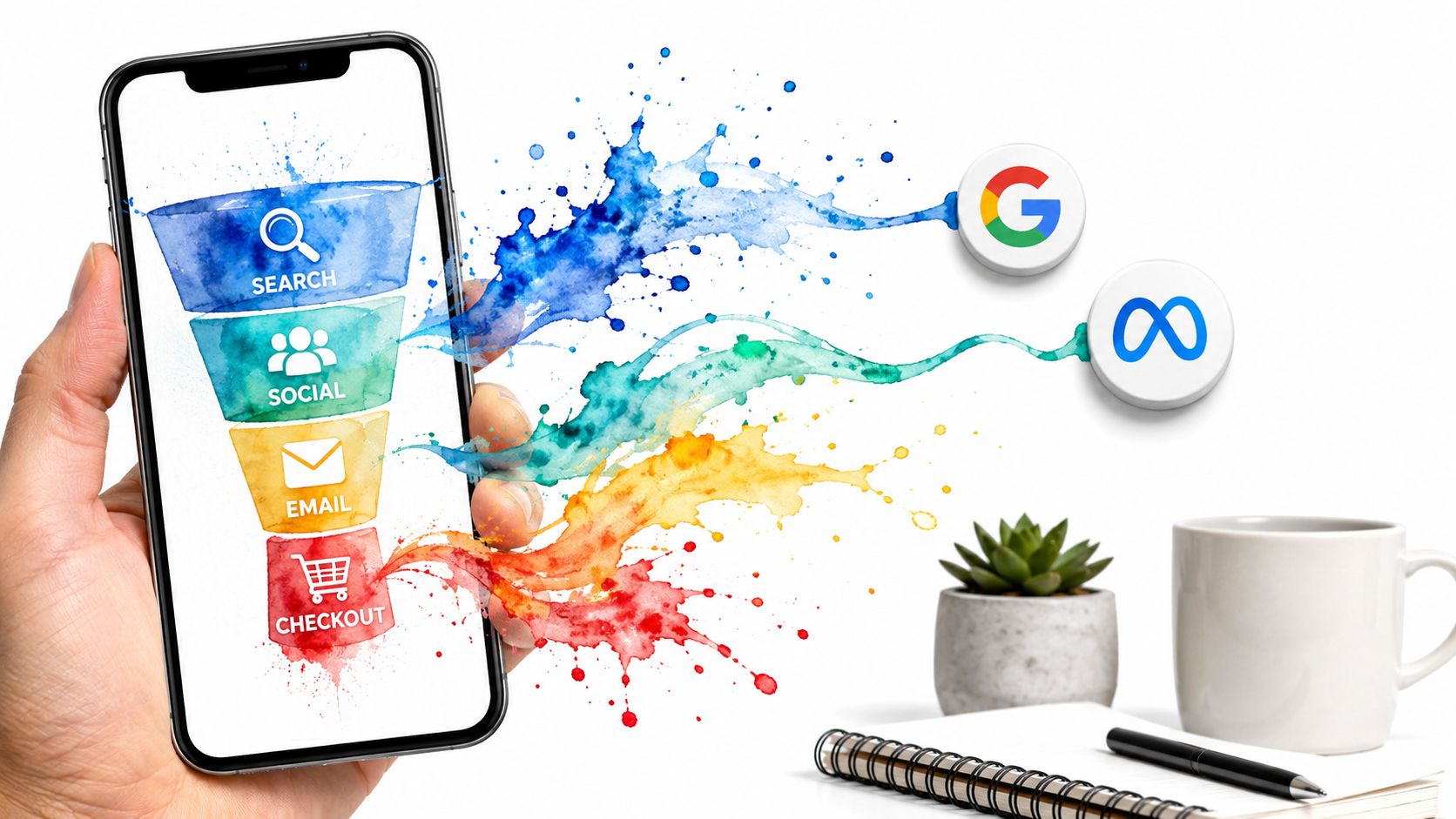 A hand holds a smartphone displaying a marketing sales funnel connecting to Google and Meta icons.