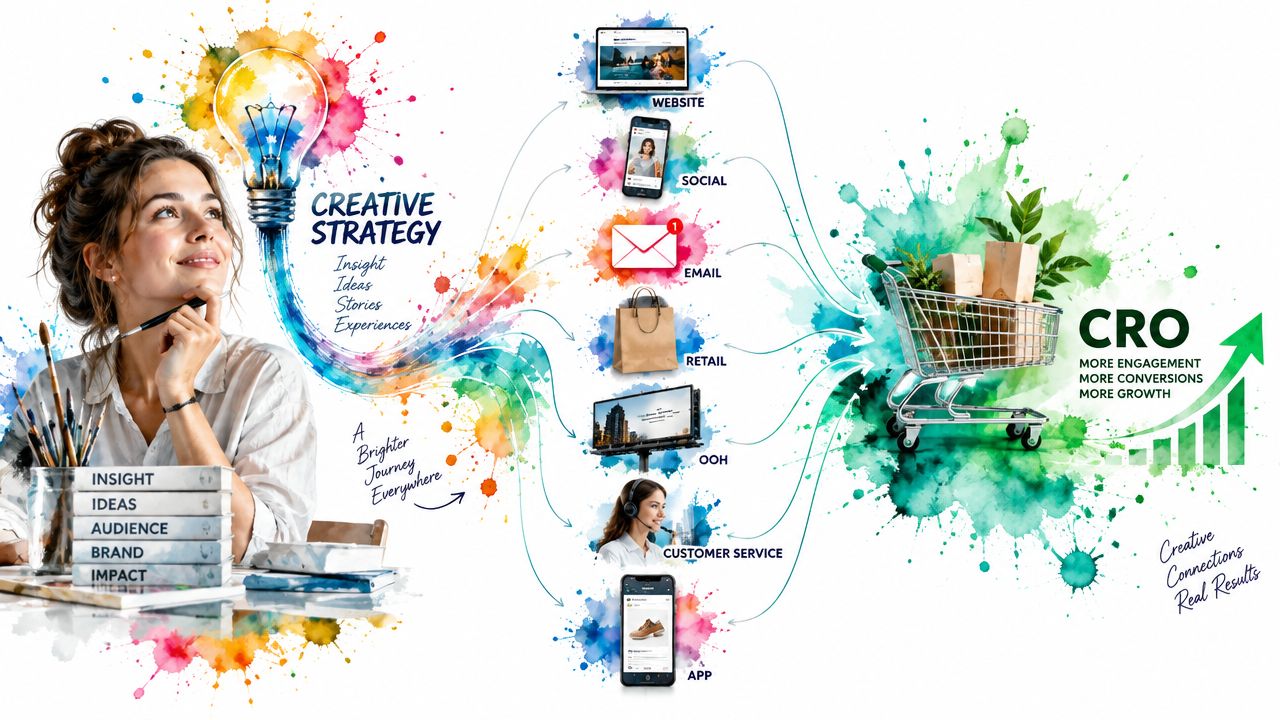 A creative marketing strategy illustration showing a woman brainstorming connections between digital channels and customer conversion.