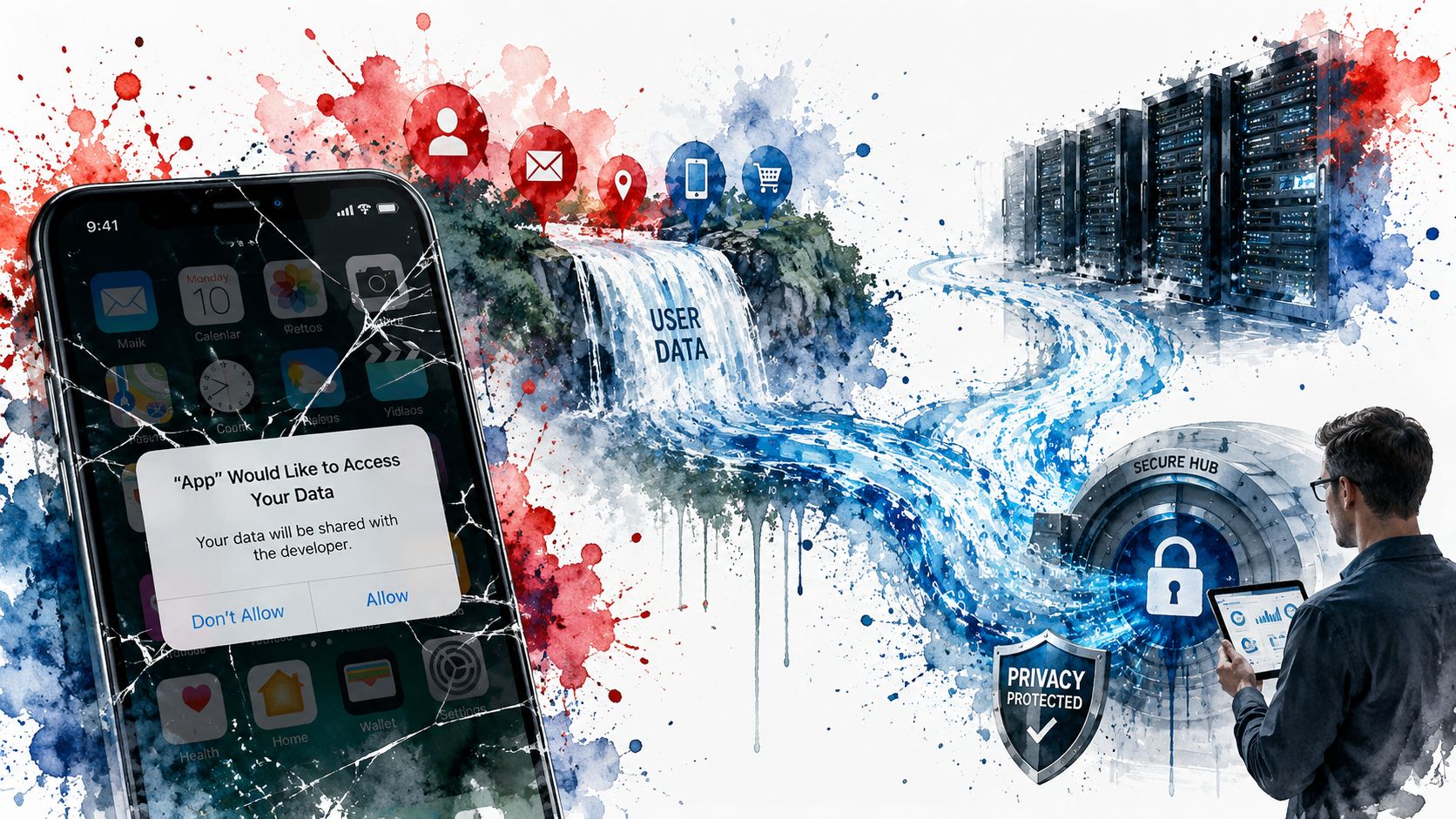 A digital illustration showing a mobile phone screen requesting data access with a flow toward secure servers.