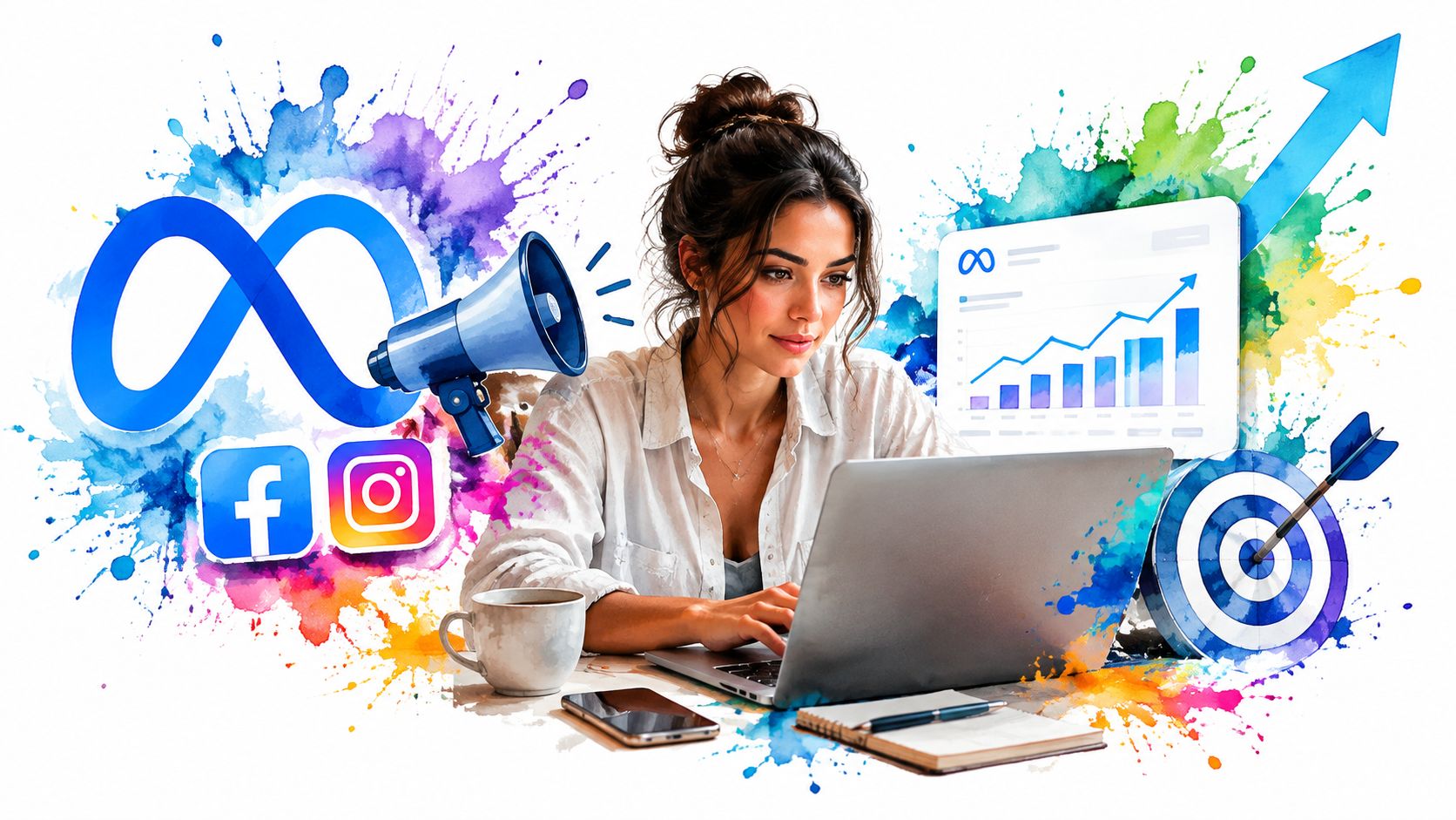 A woman working on a laptop surrounded by digital marketing icons including Meta, Facebook, and Instagram logos.