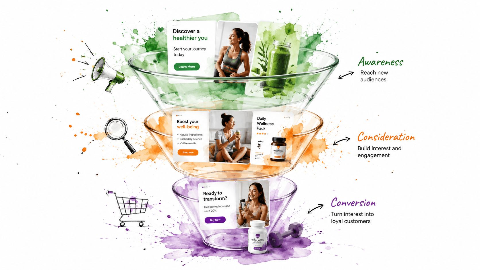A visual representation of the marketing funnel stages: awareness, consideration, and conversion using stylized glass bowls.